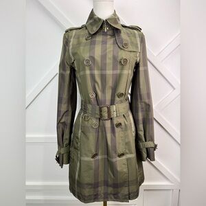 Burberry Brit Plaid Trench Rain Coat Green Belted Nova Check Jacket Size 2